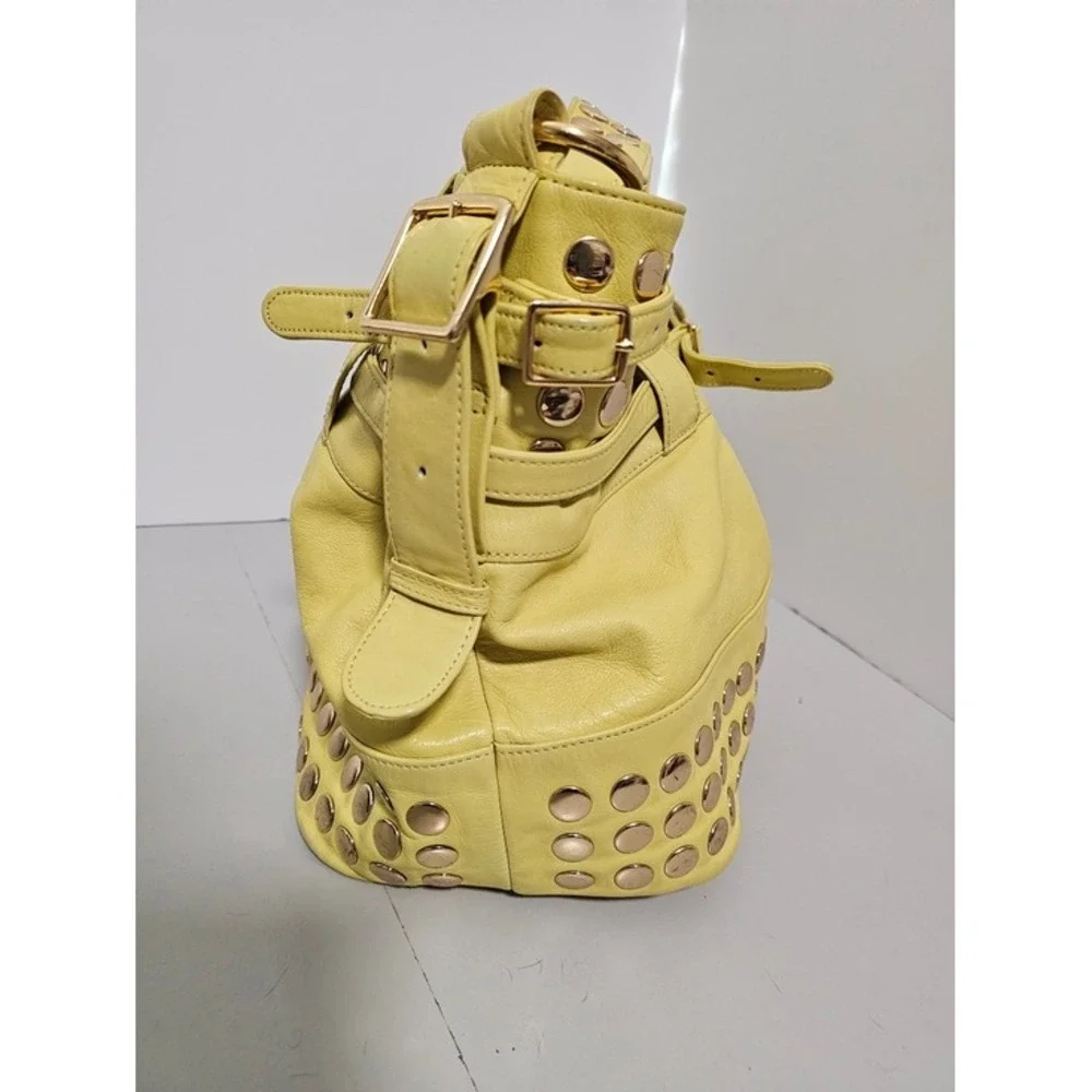 Rebecca Minkoff Devote Tote Leather Hobo Bag Yellow Studded Moto Edgy Y2K Boho ~